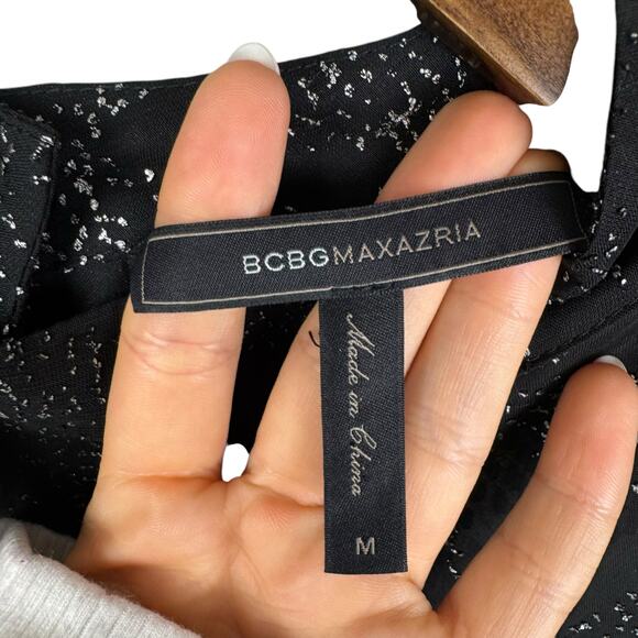 BCBGMaxazria Black Sheer Chiffon Silver Metallic Leaf Print High Neck Blouse - Picture 14 of 15